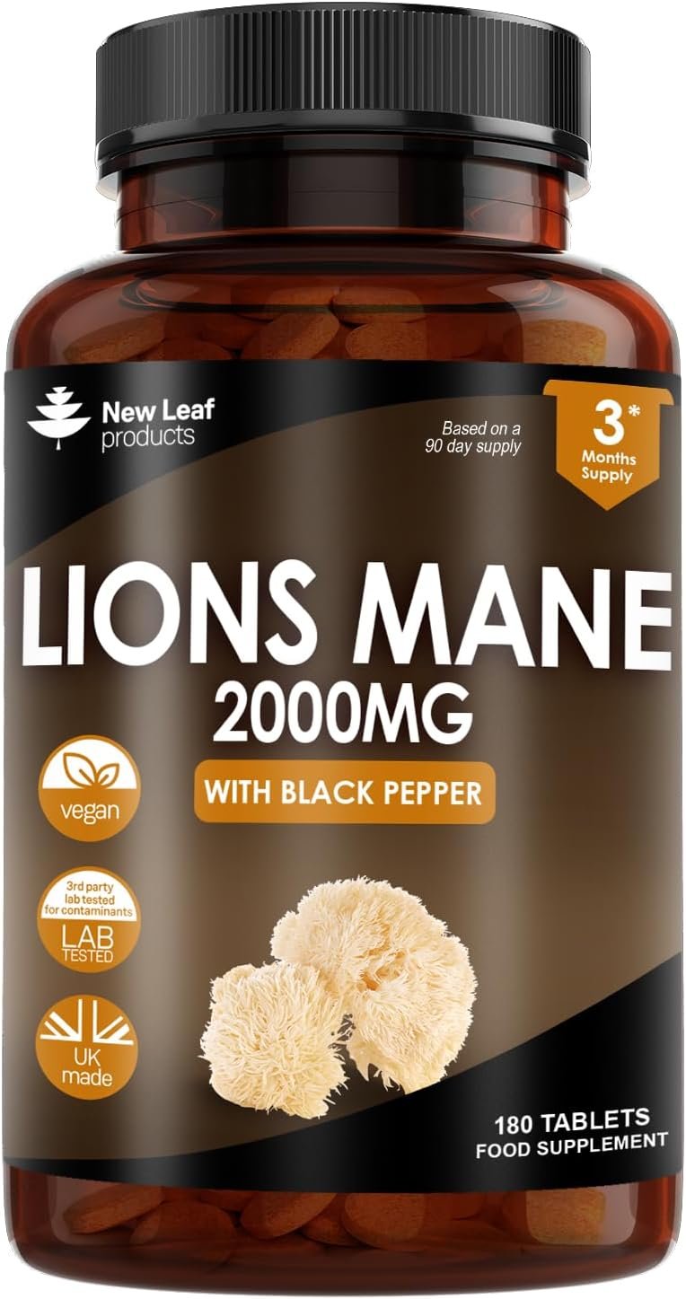 Lions Mane Mushroom 2000mg - 180 High Strength Vegan Tablets - Lion's Supplement with Black Pepper - Mushrooms Extract (Not Powder or Capsules) Made in The UK by New Leaf products