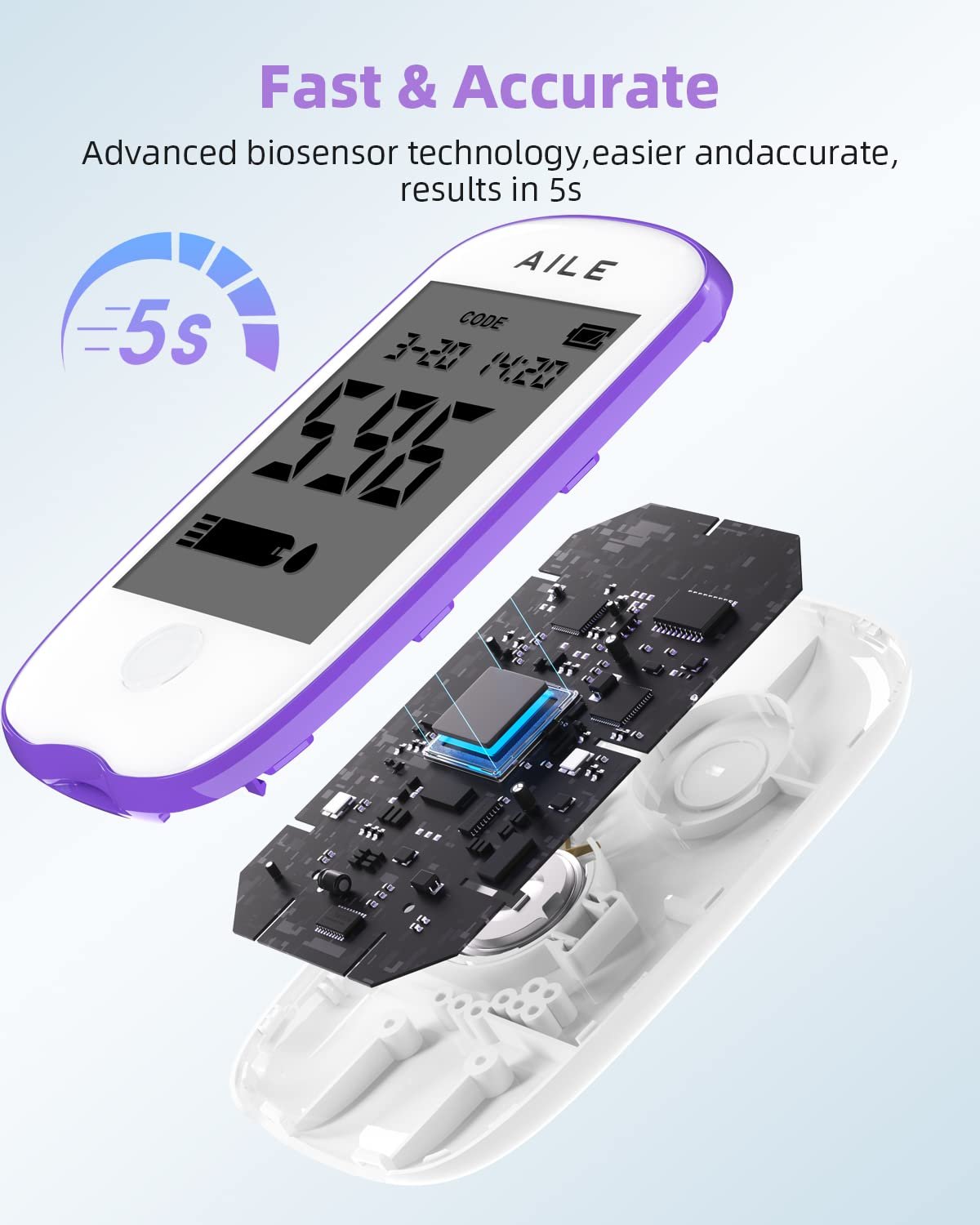Blood Glucose Test Kit for Diabetes: AILE Blood Sugar monitor testing Kits Diabetics Meter For Home Use Test Strips x 50 and Low Pain Lancing Devices x 50 Testing Monitoring 5 Seconds Accurate Machine - Image 4
